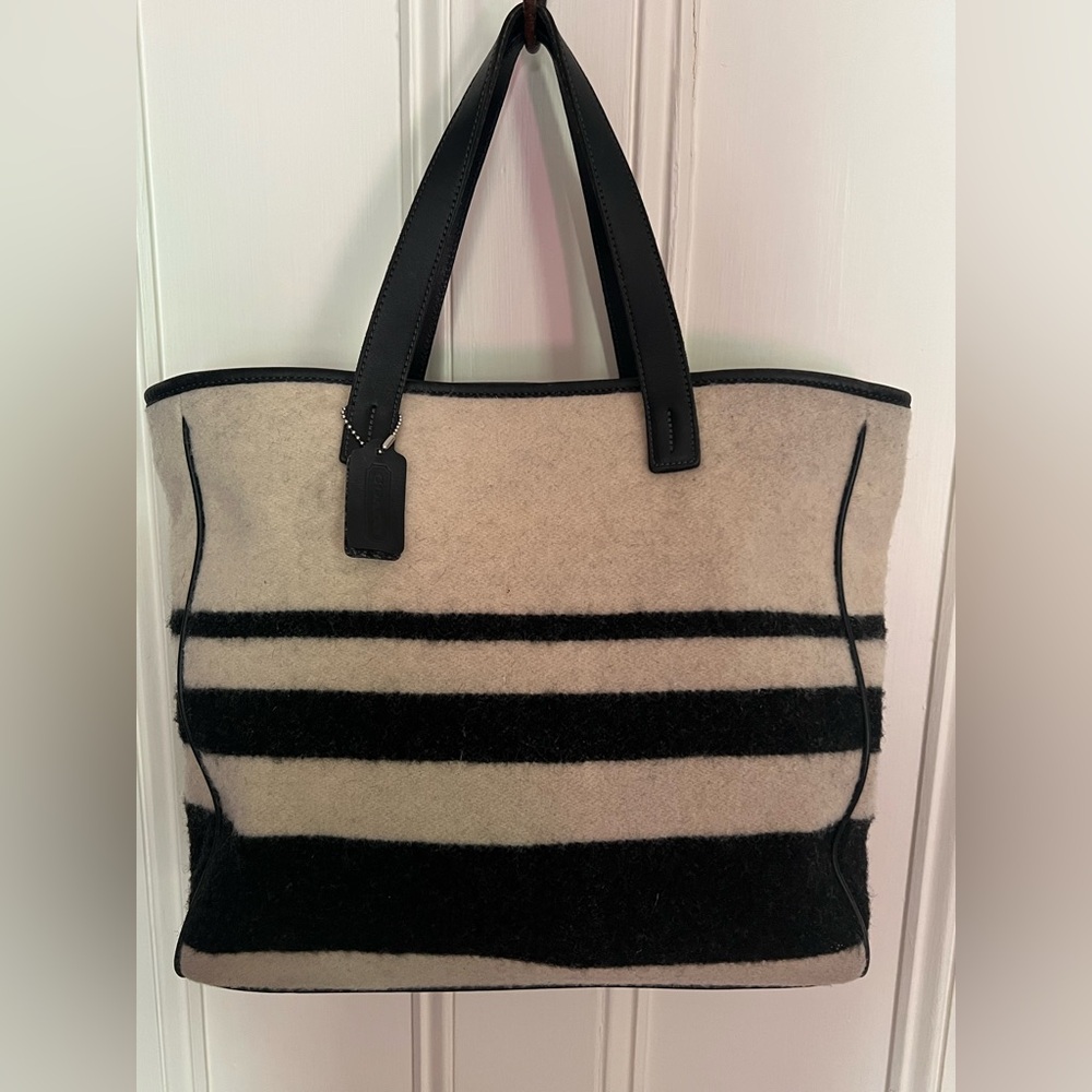 Classic Coach Black and Cream Wool with Leather trim Tote
